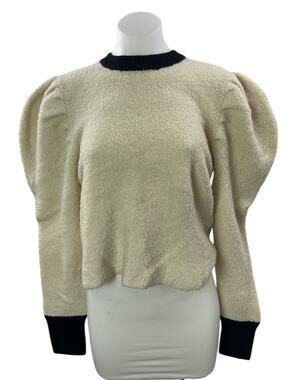 Autumn Cashmere Beige Black Crew Neck Long Puff Sleeves Crop Sweater Top Sz M/L
